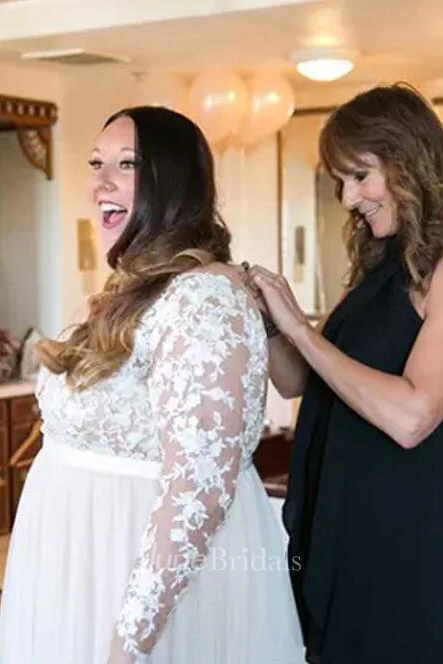 Plus Size Lace Long Sleeve Sexy Sheer V Neck Illusion Back Tulle Bridal Gown