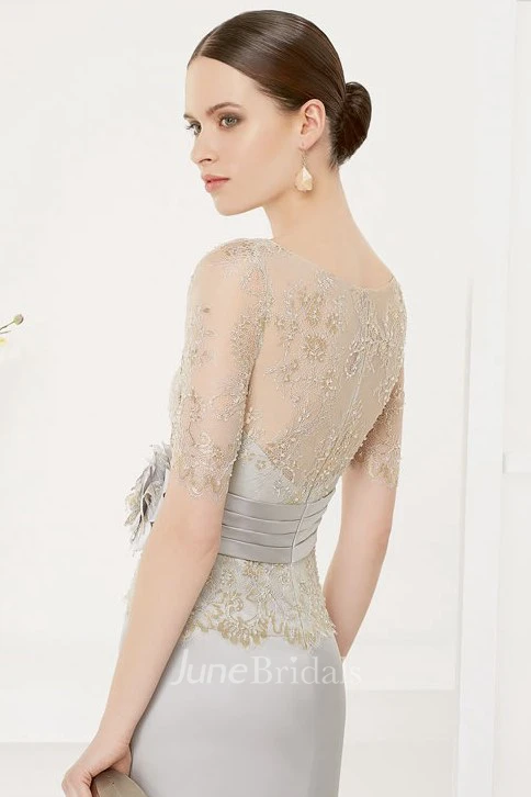 Bateau Short Sleeve Sheath Satin Long Dress With Lace Top And Flower