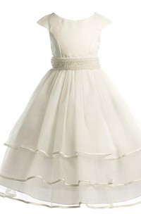 Cap-sleeved Scoop-neck A-line Tiered Organza Dress With Beadings