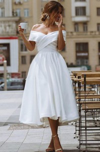 A Line Off-the-shoulder Satin Tea-length Sleeveless Wedding Dress with Criss Cross and Ruching