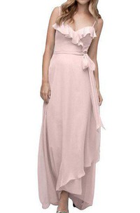 Spagetti Straps Wrap Tea-length Chiffon Bridesmaid Dress