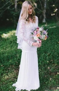 Country Bohemian Full Lace Sheer Long Sleeves Sweep Train Wedding Dress