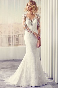 V-Neck Maxi Long-Sleeve Appliqued Lace Wedding Dress With Sweep Train And Illusion