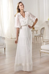 Unique Half Sleeve V-neck Long Dress With Ruching and Embroidery