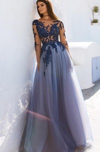 Sexy A Line Bateau Lace Tulle Long Sleeve Prom Dress With Appliques
