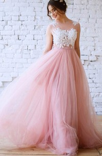 Simple A Line Tulle Bateau Sleeveless Prom Dress with Lace and Pleats