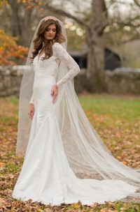 Trumpet V-Neck Long Sleeve Lace Satin Dress With Beading Appliques Button