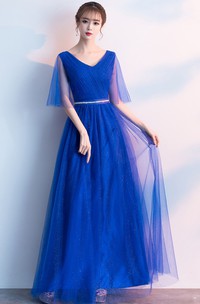 Modern Tulle V-neck A Line Prom Formal Dress With Ruching