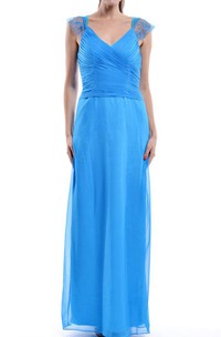 Floor-length Cap Sleeve Chiffon&Lace Dress