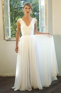 Plunged Appliqued Cap-Sleeve Chiffon Ruched Wedding Backless Dress