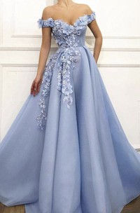 Stunning Off-the-shoulder Floral Appliqued Ball Gown Dress With Beading