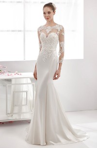 Long-Sleeve Sheath Satin Wedding Dress With Lace Appliques Bodice And Scalloped Neckline