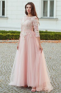 Romantic A Line Lace Tulle Bateau 3/4 Length Sleeve Formal Dress with Pleats