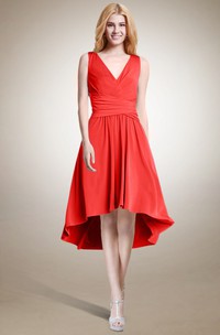 High Low V Neck Jersey Dress With Pleats