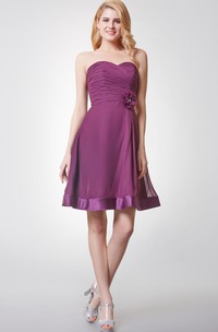 Strapless Pleated A-line Chiffon Dress With Flower Detailing