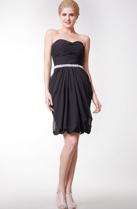 Cute Strapless Beaded Chiffon Short Dress With Puff Style