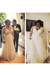 A Line Plus Size Lace Appliques Top Illusion Long Sleeves Bridal Gown with Pearls