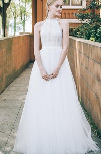Simple Modern A Line Lace Tulle Halter Sleeveless Floor-length Wedding Dress
