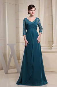 V-Neck Empire Floor-Length Dress with Appliques and Illusion Sleeve