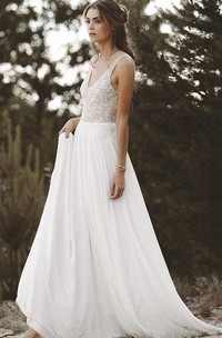 Simple Modern A Line Chiffon Lace V-neck Sleeveless Wedding Dress With Beading and Pleats