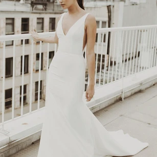 Sexy V-neck Mermaid Satin Wedding Gown With Train And Deep V-back - June  Bridals