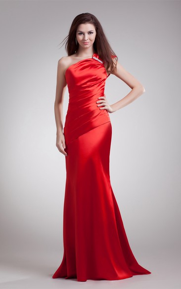 satin sheath one-shoulder dress with ruched bodice