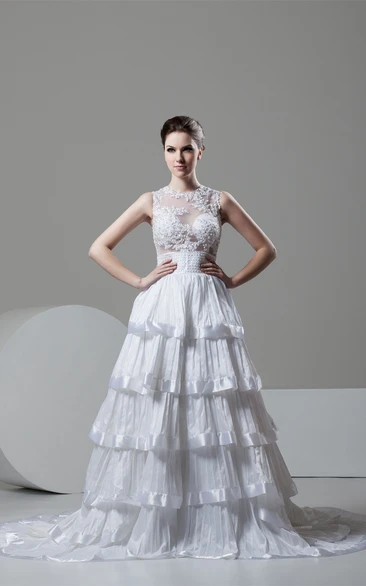 Sleeveless Tiered A-Line Gown with Appliques and Illusion Top