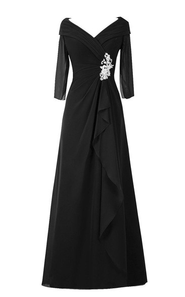 3 4 Sleeved A-line Chiffon Gown With Ruffles