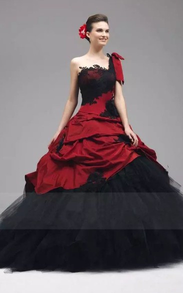 Ball Gown One-shoulder Taffeta Tulle Floor-length Sleeveless Wedding Dress with Appliques and Ruffles