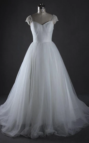 Ball Gown Cap Sleeve Tulle Dress With Beading - June Bridals