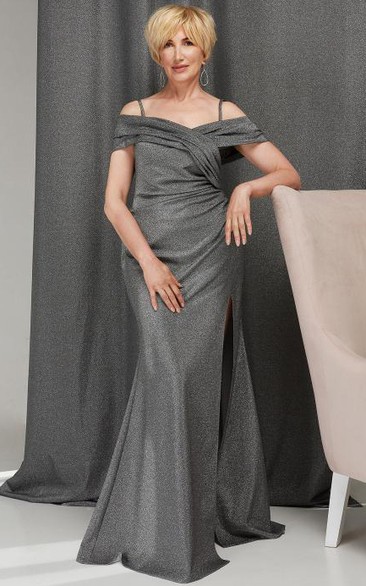 Sexy A Line Short Sleeve Sequins Off-the-shoulder Floor-length Mother of the Bride Dress with Split Front