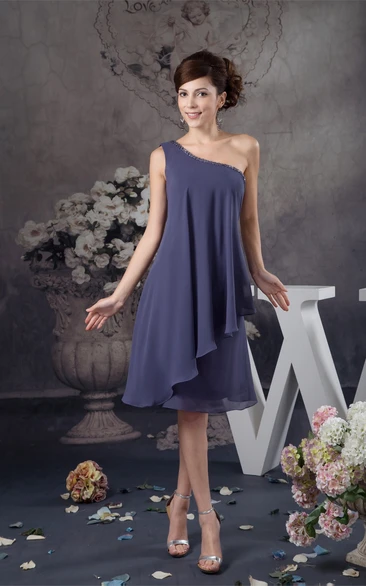 One-Shoulder Chiffon Knee-Length Dress with Beading and Draping