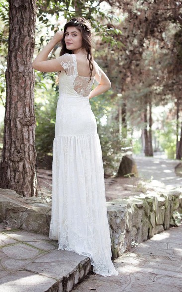 Square Cap Sheath Lace Wedding Dress With Pleats And Illusion Back