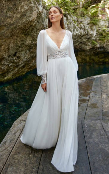 Bohemian A-Line Satin Wedding Dress With Poet Long Sleeves And Deep-V Back 