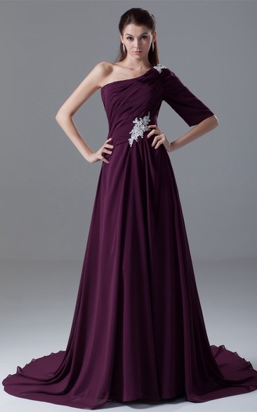 One-Shoulder Chiffon Maxi Dress with Appliques and Sweep Train