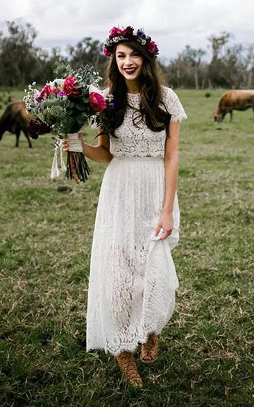 A-Line Sheath Jewel Short Sleeve Lace Wedding Dress