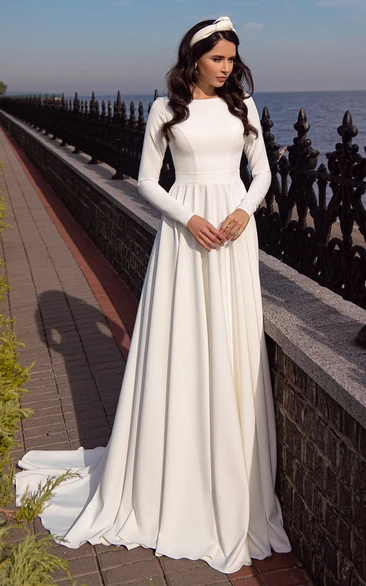 Modern A Line Jewel Neck Sweep Train Satin Wedding Dress with Ruching