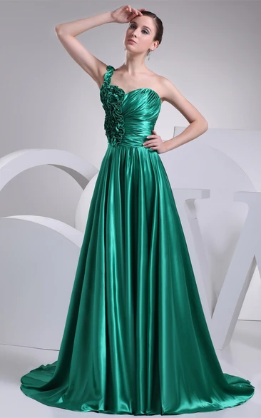 Sleeveless Ruffled A-Line Gown with Pleats and Sweep Train