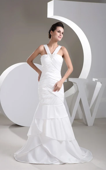 Sleeveless Column Gown with Broach and Ruched Bodice