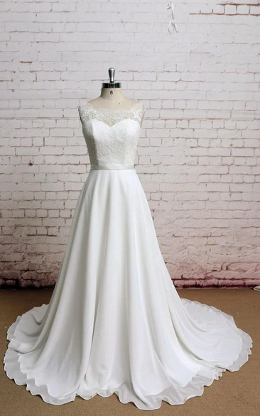 Simple Bateau Neck Sleeveless Chiffon Wedding Dress With Sheer Back