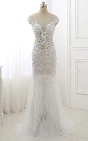Trumpet Cap Sleeve Tulle Dress With Beading&Sequins