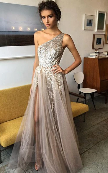 One Shoulder Sexy Side Slit Heavily Beaded Long Evening Prom Dress