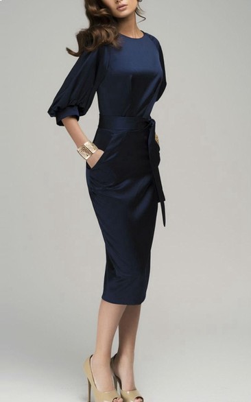 Chic Navy Blue Maxi Evening Retro Style Wedding Pencil With Belt Cocktail Dress