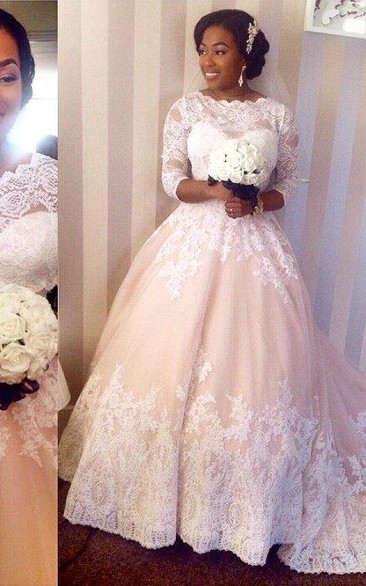 Modest 3 4 Sleeves Lace Wedding Dresses Scalloped-Edge Court Train Bridal Gowns