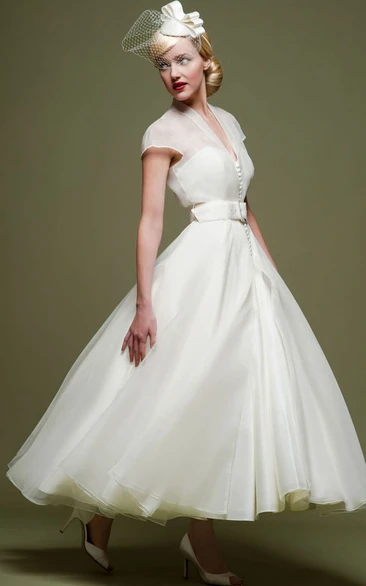 Ankle-Length A-Line Ribboned V-Neck Cap Sleeve Tulle Wedding Dress