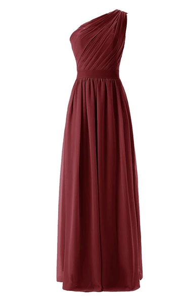 One-shoulder Chiffon Dress With Pleat and Belt