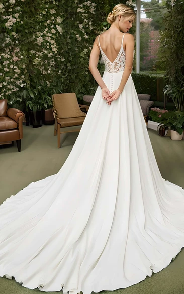Garden Beach A-Line Spaghetti Straps Satin Wedding Dress Elopement Sexy Plunging Neck Sleeveless Lace Back Bridal Gown with Train