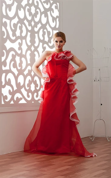 Sleeveless Ruffled Floor-Length Dress with Ruching and Draping