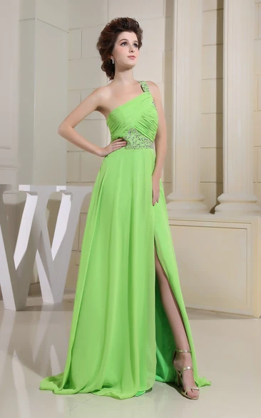Asymmetrical Chiffon Beaded Dress With Side Slit and Single Strap