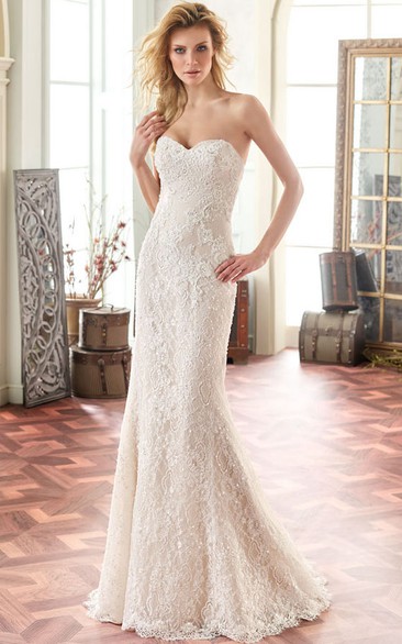Sweetheart Floor-Length Beaded Lace Wedding Dress With Brush Train And V Back
